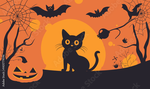 Halloween Banner with Black Cat, Pumpkins, Bats, and Spooky Forest Illustration