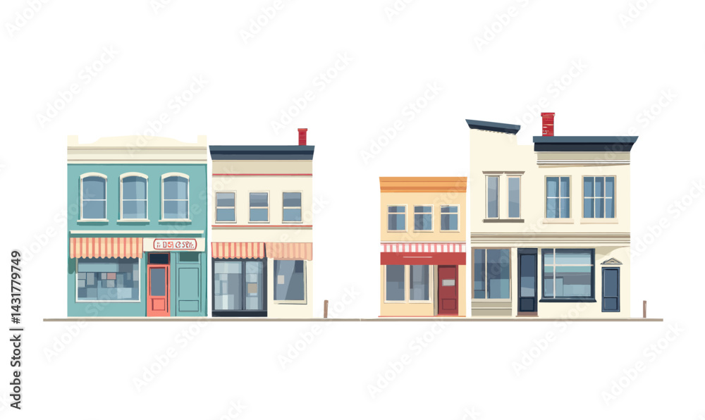 Obraz premium Minimalist Vector Illustration of Street with Shop Buildings in 3D Flat Style