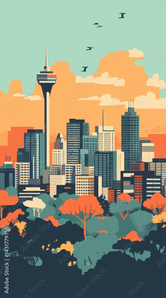 Fototapeta premium Johannesburg Cityscape Poster with Iconic Skyline and Landmarks in Retro Minimalist Style