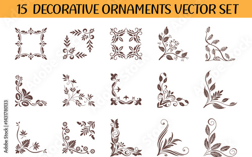 Set of 15 Decorative Floral Corner Ornaments vector design