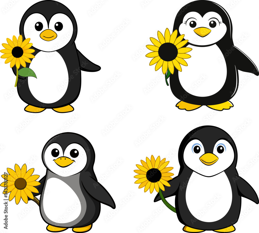 Naklejka premium Cute cartoon penguins holding sunflowers vector illustration elements set