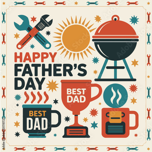 Happy fathers day vector illustration with grill tools and trophy elements