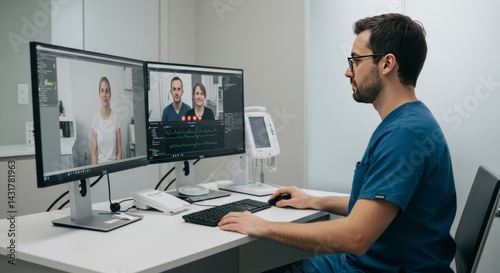 A medical professional in a sleek, modern clinic using two monitors during a telemedicine session. One screen displays a video call, the other shows digital patient data or vitals