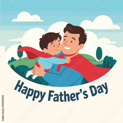 Cartoon fathers day illustration of father and son wearing superhero capes