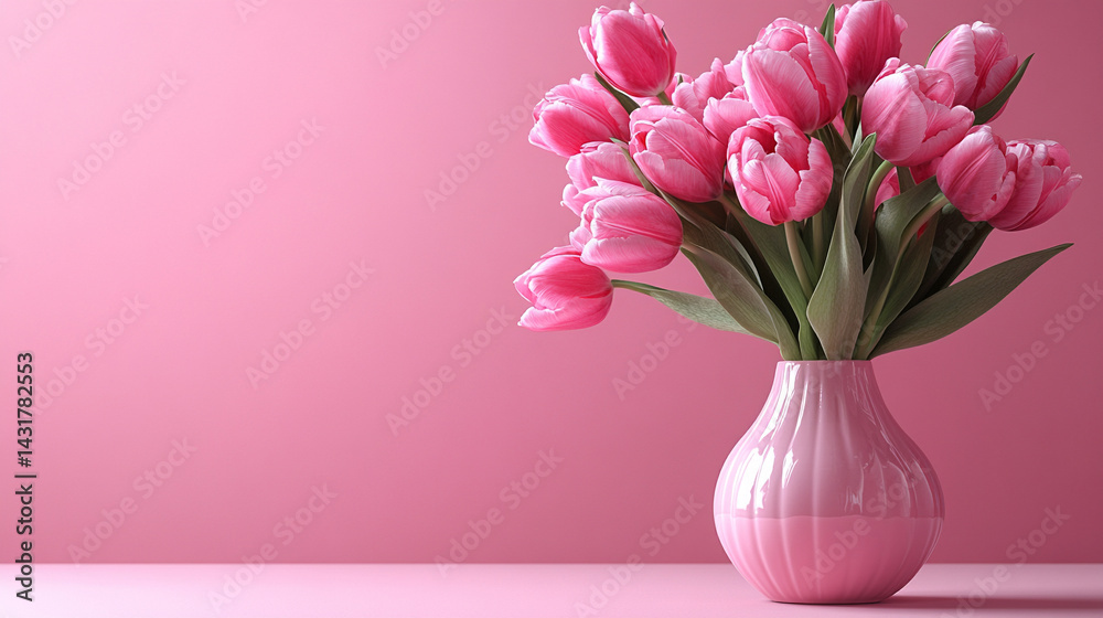 Fototapeta premium Bouquet of pink tulips in a pink vase on a pink surface against a bright minimal background, symbolizing renewal, femininity, and the gentle joy of springtime simplicity and elegance