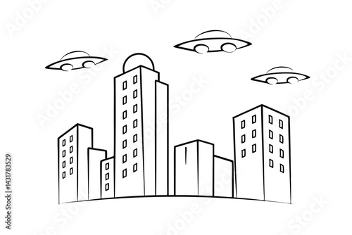 Line art illustration of city skyline with ufos hovering above creating an extraterrestrial theme