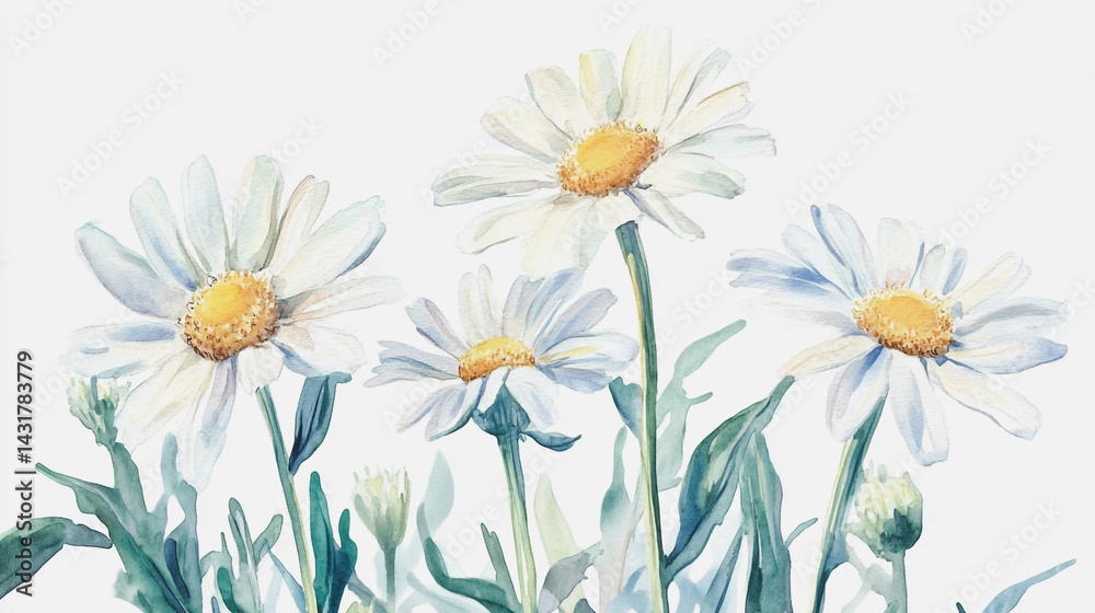 Fototapeta premium Elegant wedding invitation card background . Minimal hand painted watercolor Chamomile flowers texture template background. Design for wedding, vip cover, poster, rsvp moderncard.Valentine's Day