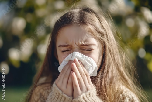 Young girl sneezing and blowing nose from allergy