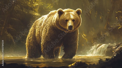 A majestic bear standing in a serene forest setting, surrounded by nature's beauty.