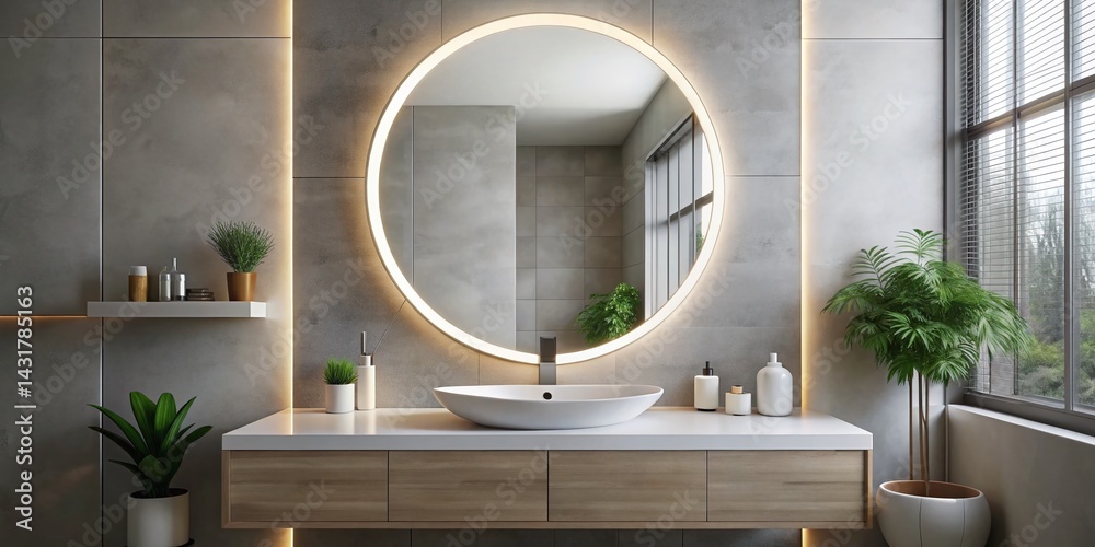 Modern Minimalist Bathroom with Smart LED Circle Mirror - Close-up Detail