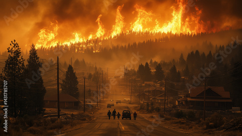 Family escaping wildfire down the road