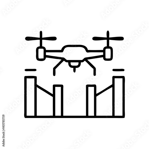 Drone outline flying through race gates, minimal style, black and white