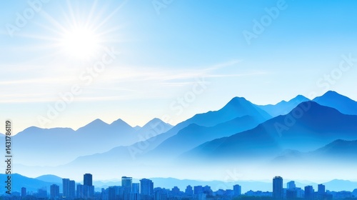 Serene mountain landscape with a bright sun over a city skyline in the foreground