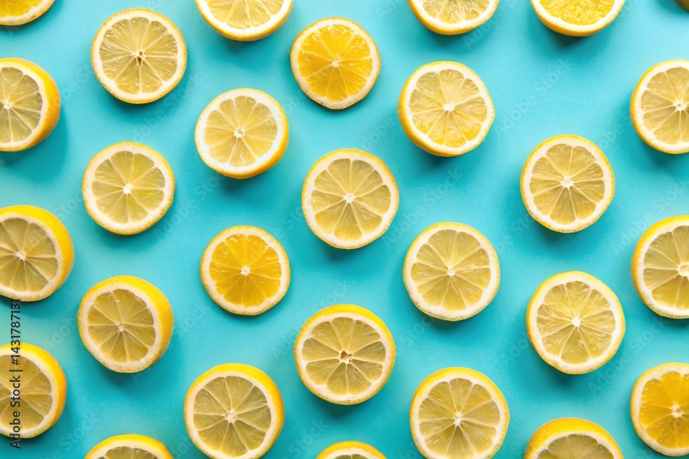 Obraz premium Summer food pattern made with yellow lemon slice on bright light blue background.