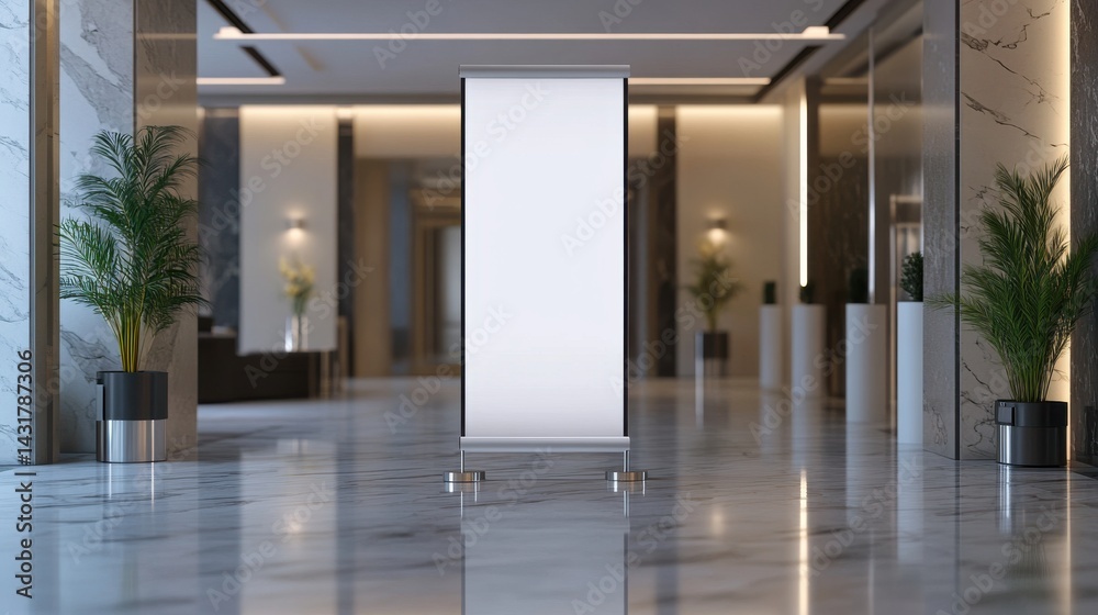 High resulation image of pull up banner mockup stands in the lobby. Blank roll up poster stands in elegant hallway interior. High resulation image of pull up banner mockup stands in the lobby. Blank roll up poster stands in elegant hallway interior.