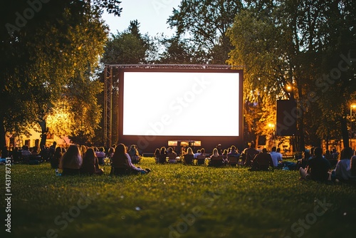 Fototapeta Naklejka Na Ścianę i Meble -  Outdoor summer cinema glowing screen in park