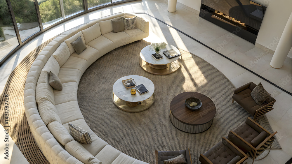 Fototapeta premium Living room with curved sofas and coffee tables