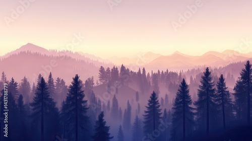 Serene sunset over misty mountains with silhouettes of pine trees in the foreground