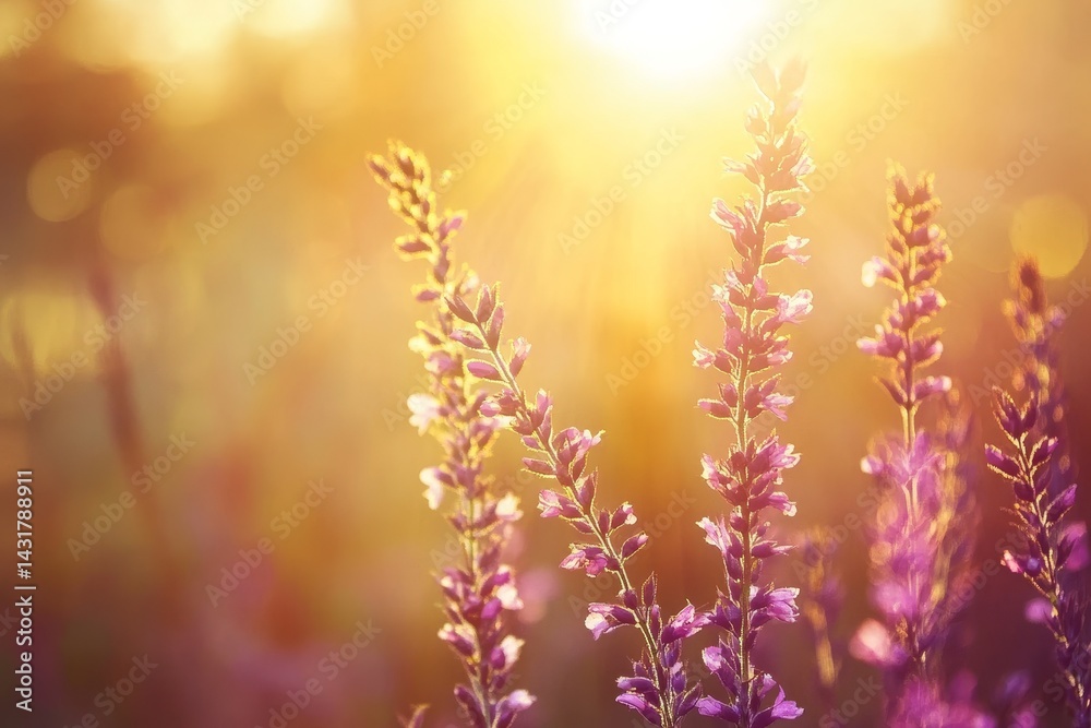 Obraz premium Golden light embracing delicate purple flowers in a field.