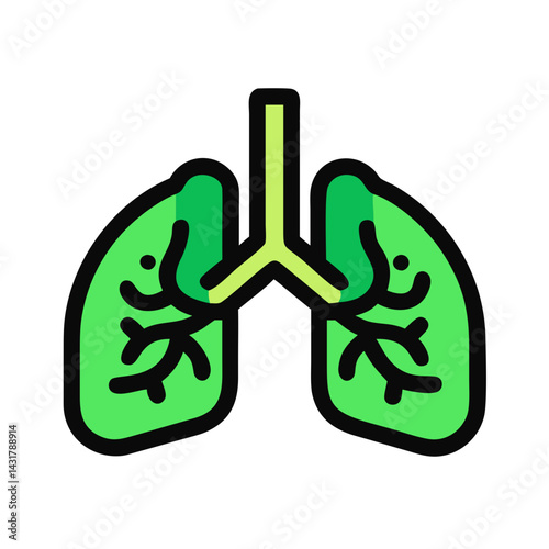 Simple illustration of human lungs in bright green color depicted on a transparent background. Medical concept of respiratory health and human anatomy for educational use
