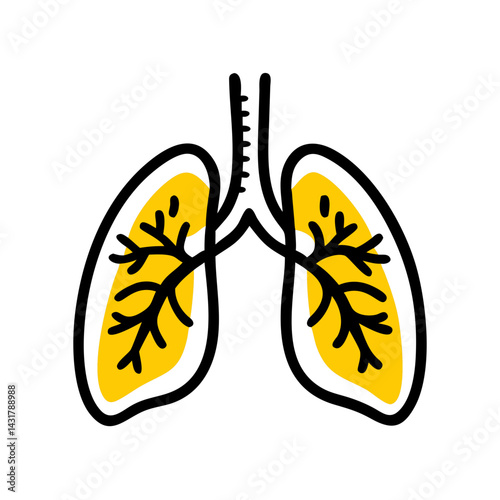 Human lungs vector icon on transparent background with yellow bronchi branches. Respiratory system concept for medical illustration
