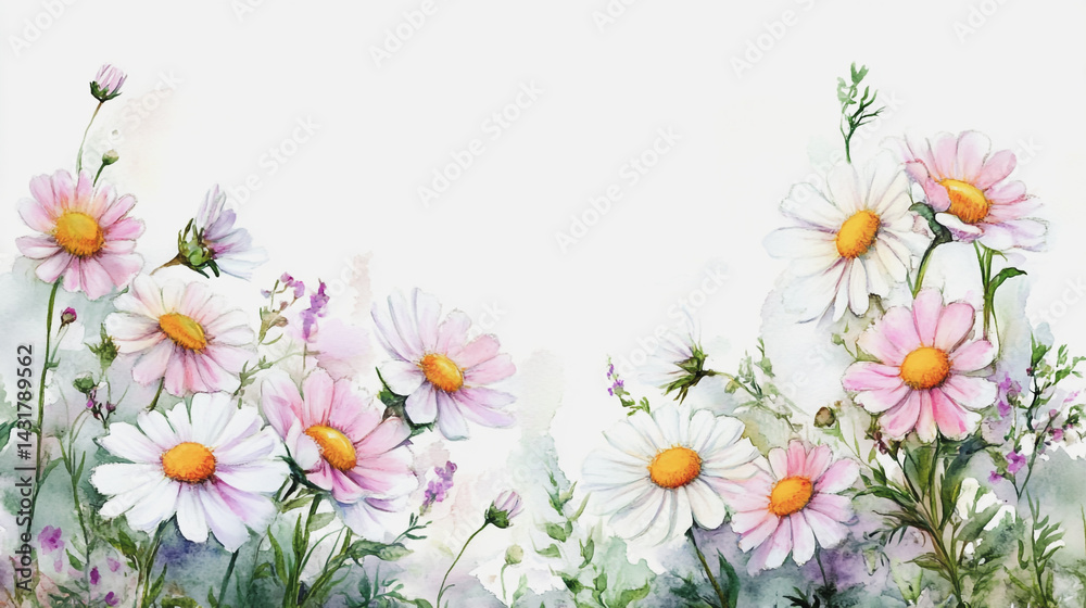 Fototapeta premium Elegant wedding invitation card background . Minimal hand painted watercolor Chamomile flowers texture template background. Design for wedding, vip cover, poster, rsvp moderncard.Valentine's Day
