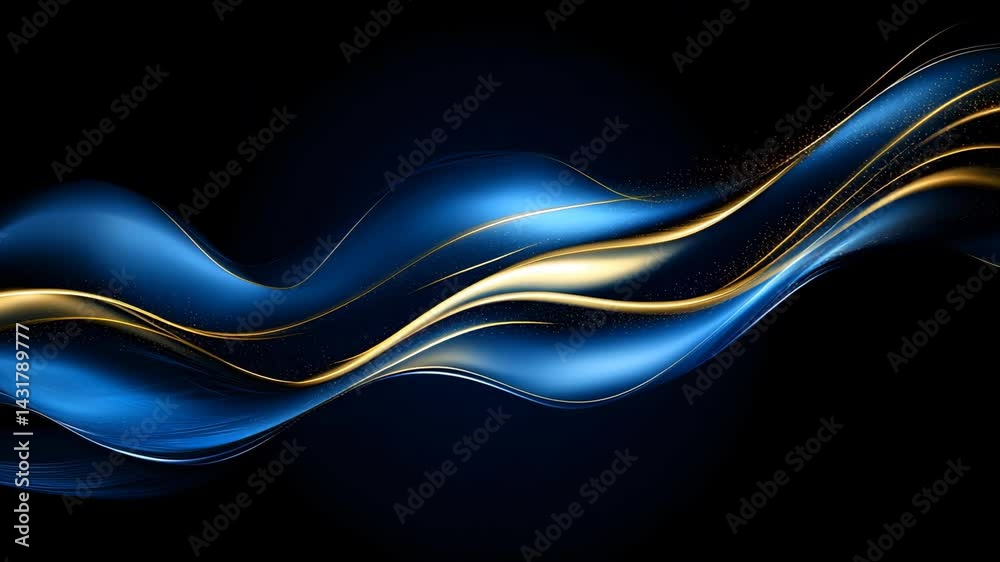4k Abstract blue wave motion flowing wave with gold gradient motion background golden ribbon flowing on dark background digital rendering motion background