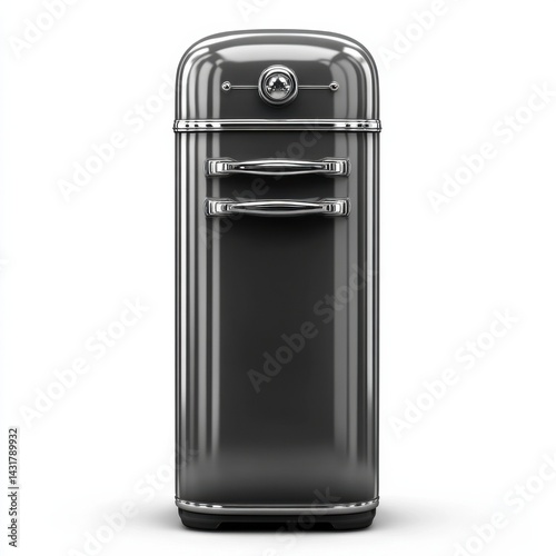 Vintage-style gray refrigerator with shiny chrome accents on a white background.n