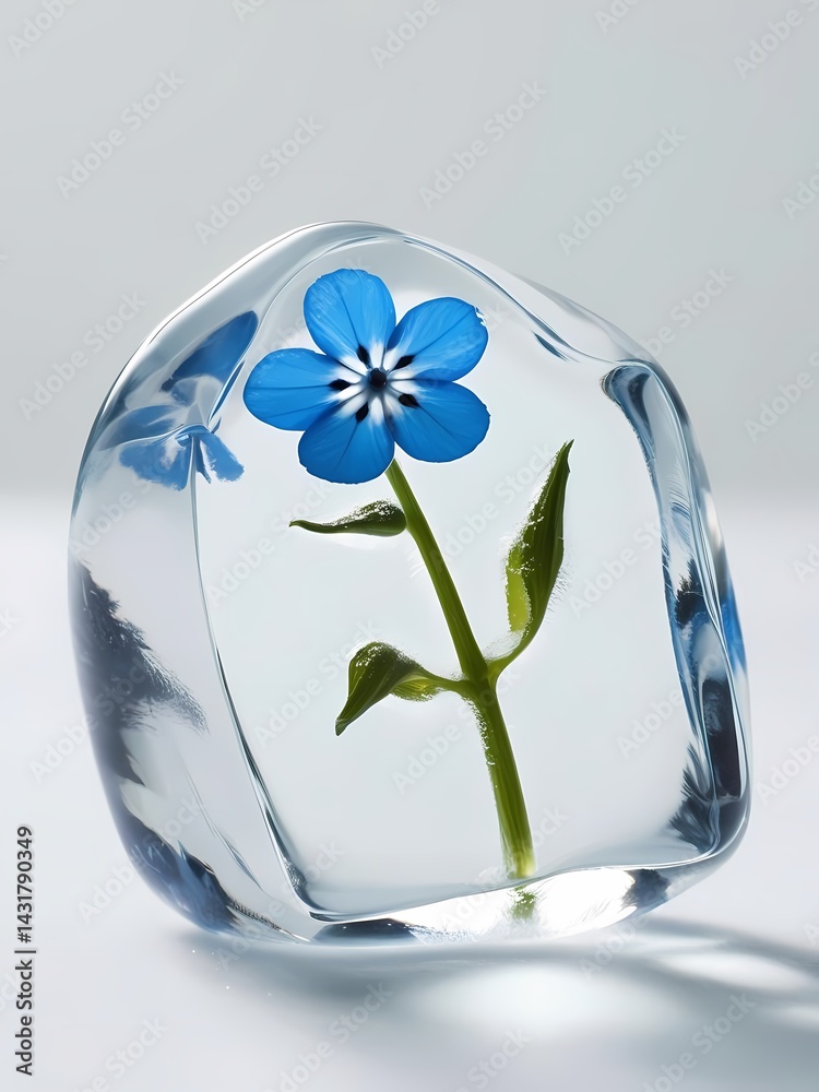 Frozen blue flower captured in clear ice sculpture art with intricate details