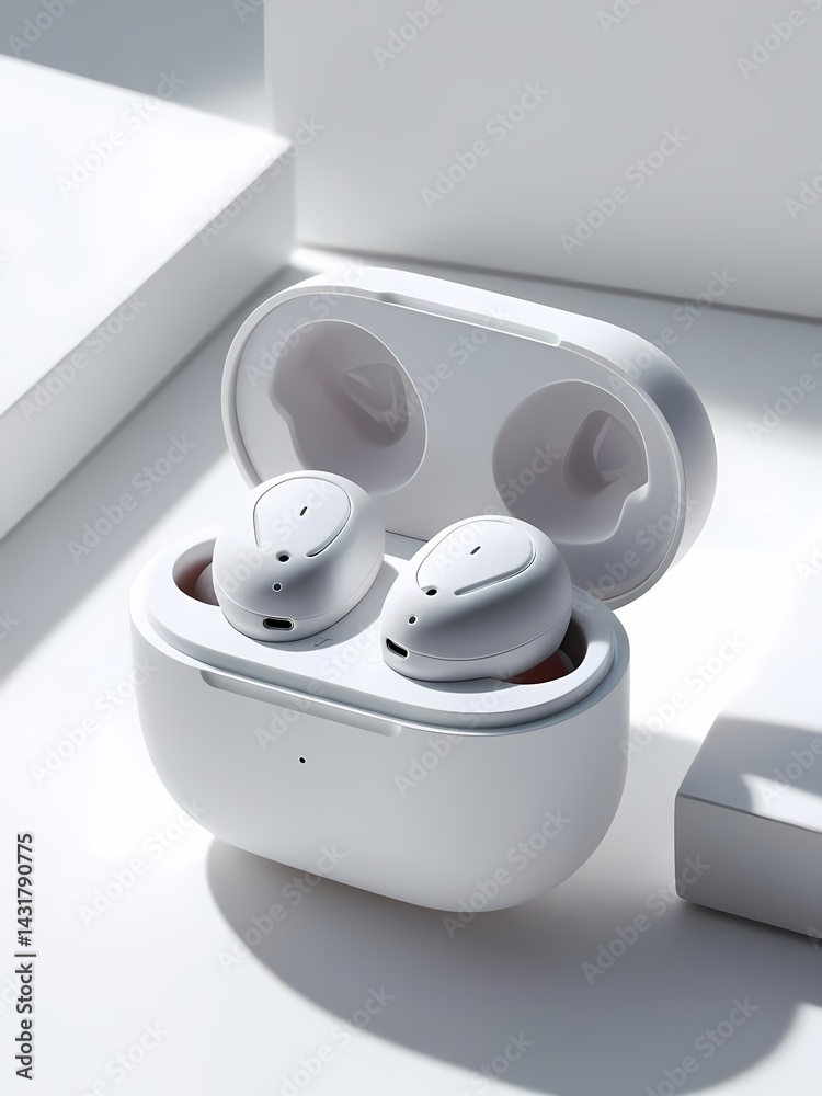 Wireless earbuds in charging case on minimalistic white surface during daylight