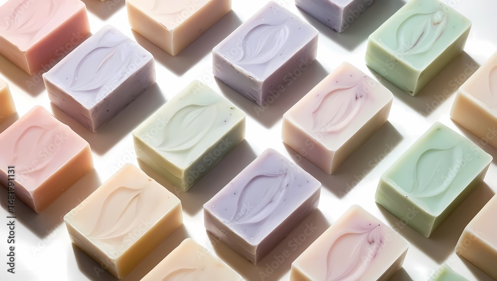 Colorful handmade soaps arranged in a neat pattern on a white background
