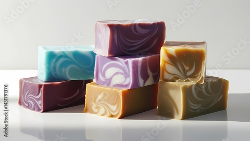Colorful handmade soaps arranged in a stack creating an artistic display on a white surface