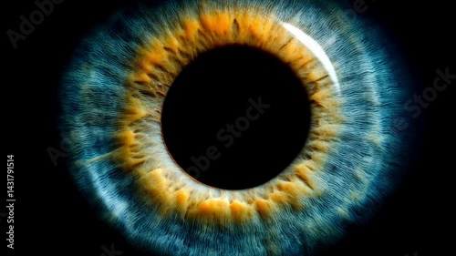 Close up of eye iris on black background, macro, photography. Growing pupil. black pupils open up or dilate to let in more light. Close up
