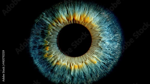 Close up of eye iris on black background, macro, photography. Growing pupil. black pupils open up or dilate to let in more light. Close up
