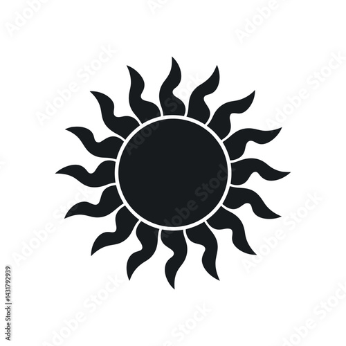 Black Silhouette Of A Stylized Sun With Flame Like Rays On A White Background Vector Illustration