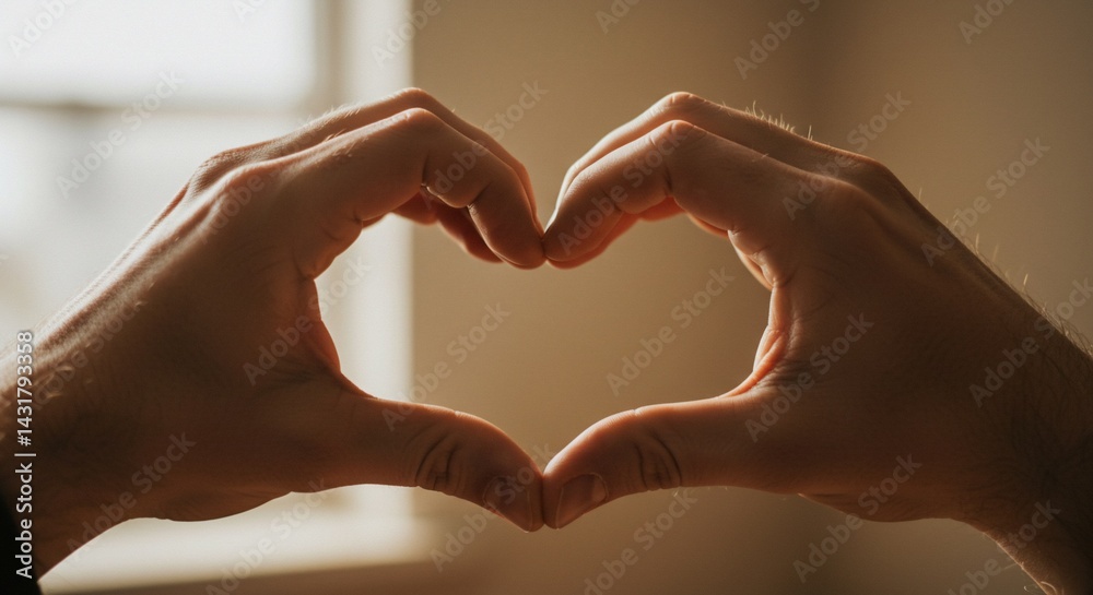 Obraz premium Two hands come together to create the shape of a heart in front of window.