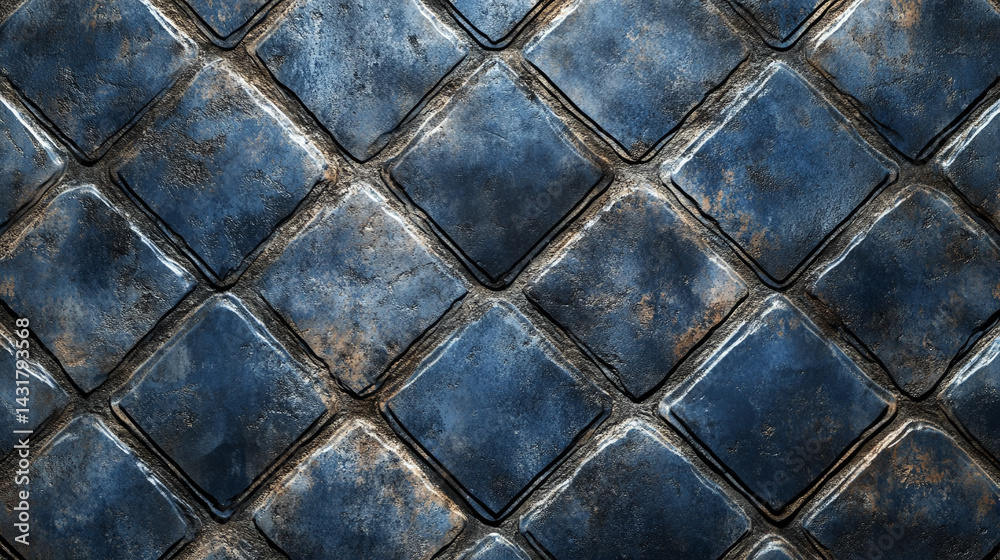 Fototapeta premium Dark blue 3D vintage lozenge motif tiles form a worn, marbled cement wall. The repeating diamond pattern evokes resilience, timeless elegance, and old-world craftsmanship.