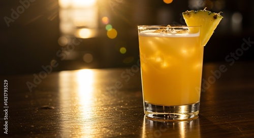 Refreshing tropical drink with pineapple garnish sits on a bar top.