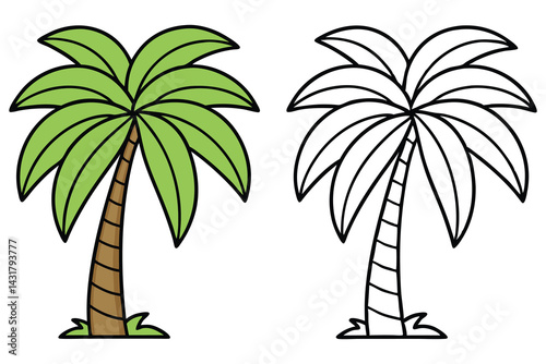 Cartoon Palm Tree Illustration, Outline Style for Coloring Pages, Isolated on White