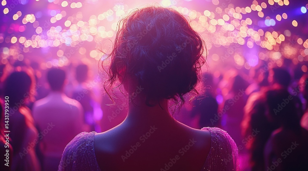 Naklejka premium Elegant Woman Enjoys Party with Bokeh Lights, Facing Crowded Dance Floor