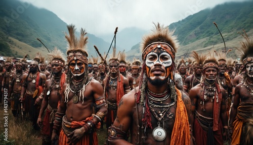 A large group of tribal warriors in vibrant ceremonial outfits and painted faces gathered in a misty valley surrounded by green mountains