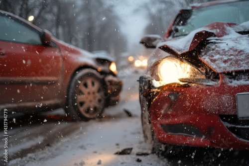 Frontal car accident with damaged vehicles close-up photo