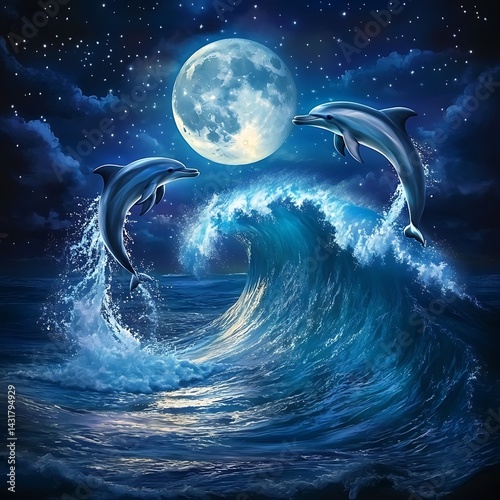 Beautiful dolphins jumping through the waves under a full moon