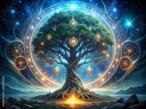 Mystical Night Tree: Akashic Records & Transformation in Fantasy Art photo