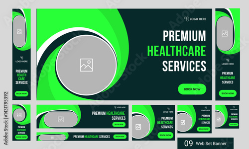 Digital healthcare services web set banner design for social media post, modern medical services web bundle banner design, fully customizable vector eps 10 file format