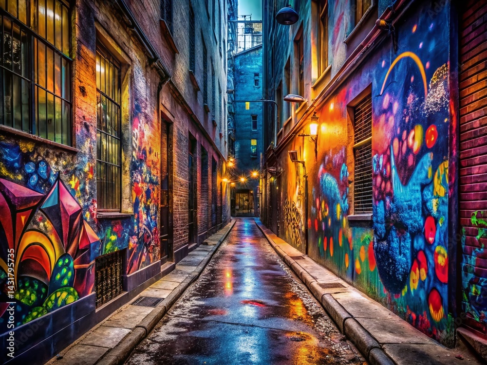 Fototapeta premium Narrow Alleyway Graffiti Art Urban Street Photography Background