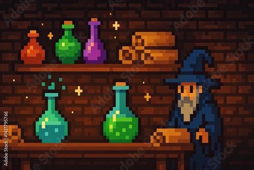 Pixel art wizard preparing magic potion in his laboratory