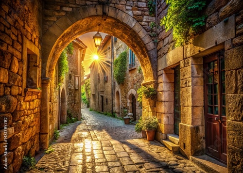 Narrow Stone Archway Street, Medieval Architecture, Old Town Entrance, Cityscape, Cobblestone Lane