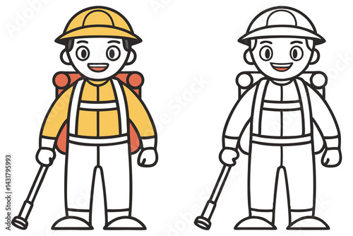 Cartoon Asian man with safety helmet and backpack holding baton in two style