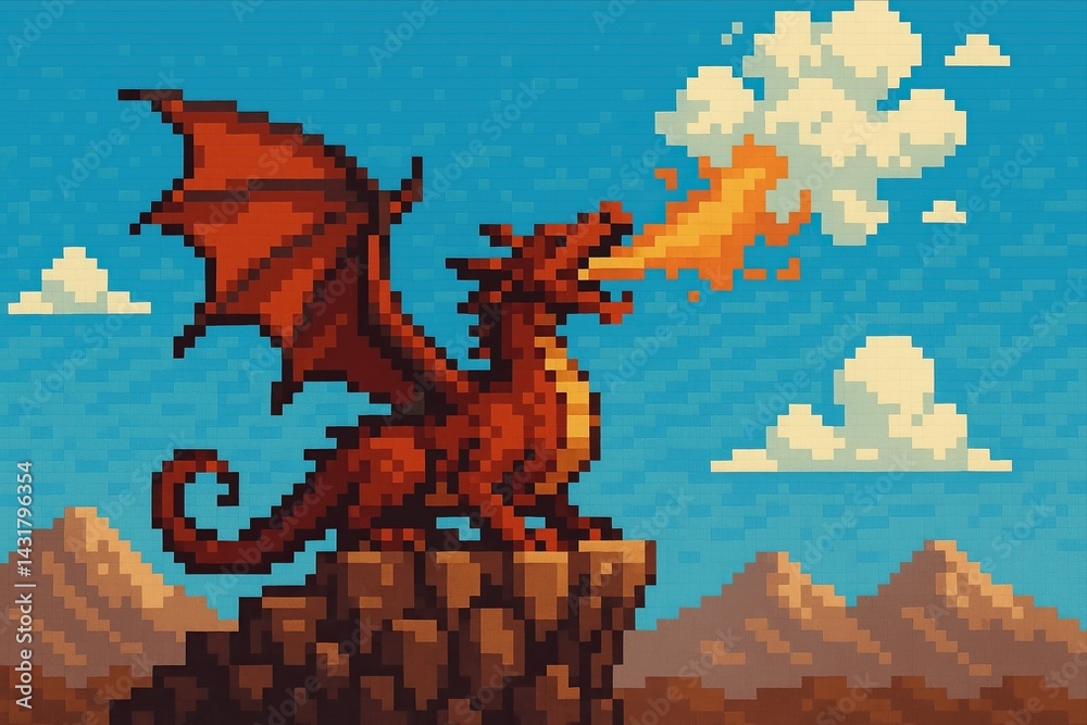 Pixel art red dragon breathing fire standing on a mountain top